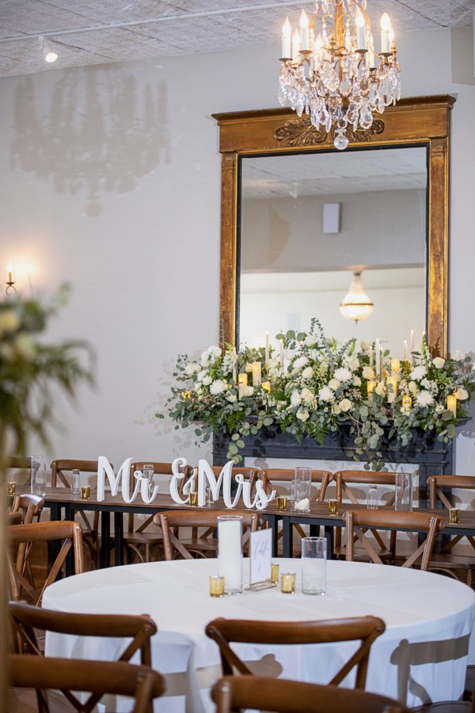 Antique French mirror over floral covered mantle at Kansas wedding venue